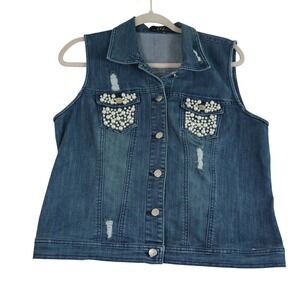 Midnight Velvet Denim Vest Medium Bridal Pearl Distressed Cowgirl Western